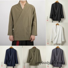 Men's Cotton Linen Cardigan Jacket Chinese Style Casual Coat Tops Kimono Hanfu
