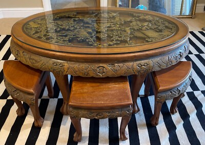 large Chinese hand-carved wooden coffee table and 6x (!) stools