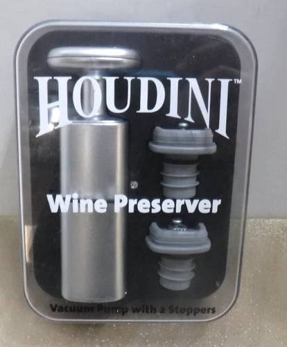 New Houdini Wine Preserver Vacuum Pump with Two Stoppers Sealed Unopened