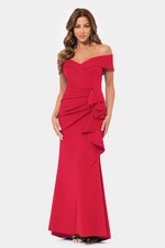 XSCAPE Red Techno Scuba Off Should Ruffle Pleated Ruched Maxi Gown Dress 12 US