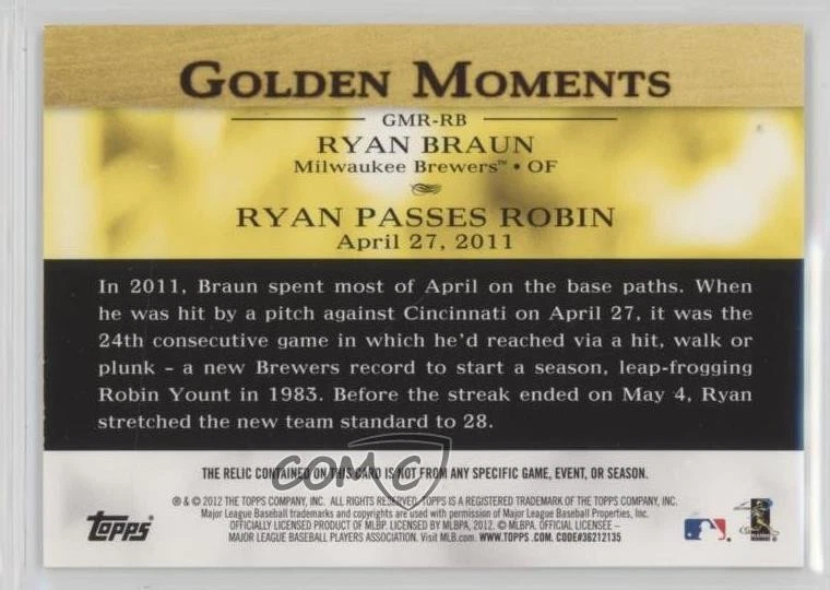 2012 Topps Golden Moments Relics Series 1 Ryan Braun #GMR-RB - Image 2 of 2
