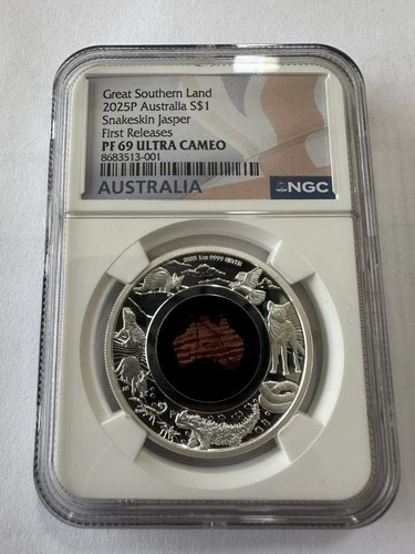 2025 Australia 1 oz Silver Great Southern Land Snakeskin Jasper Coin NGC PF69 FR