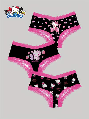 Sanrio Hello Kitty Pink Black Cute Cartoon Lace Kawaii Brief Panties - Pack of 3
