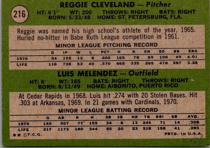 1971 Topps #216 Cards 1971 Rookie (Cleveland / Melendez) - Image 2 of 2