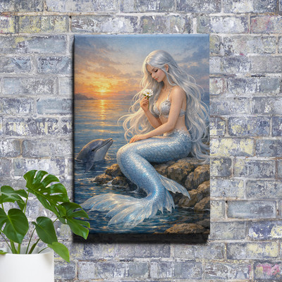 Mermaid and Dolphin Wall Art Unframed Canvas Print Fantasy Ocean Decor