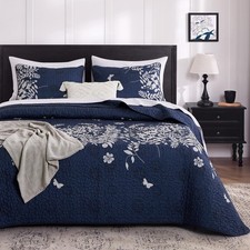 Navy Blue Quilt Set, Gray Grey Floral Flowers Tree Leaves Modern Pattern Printed