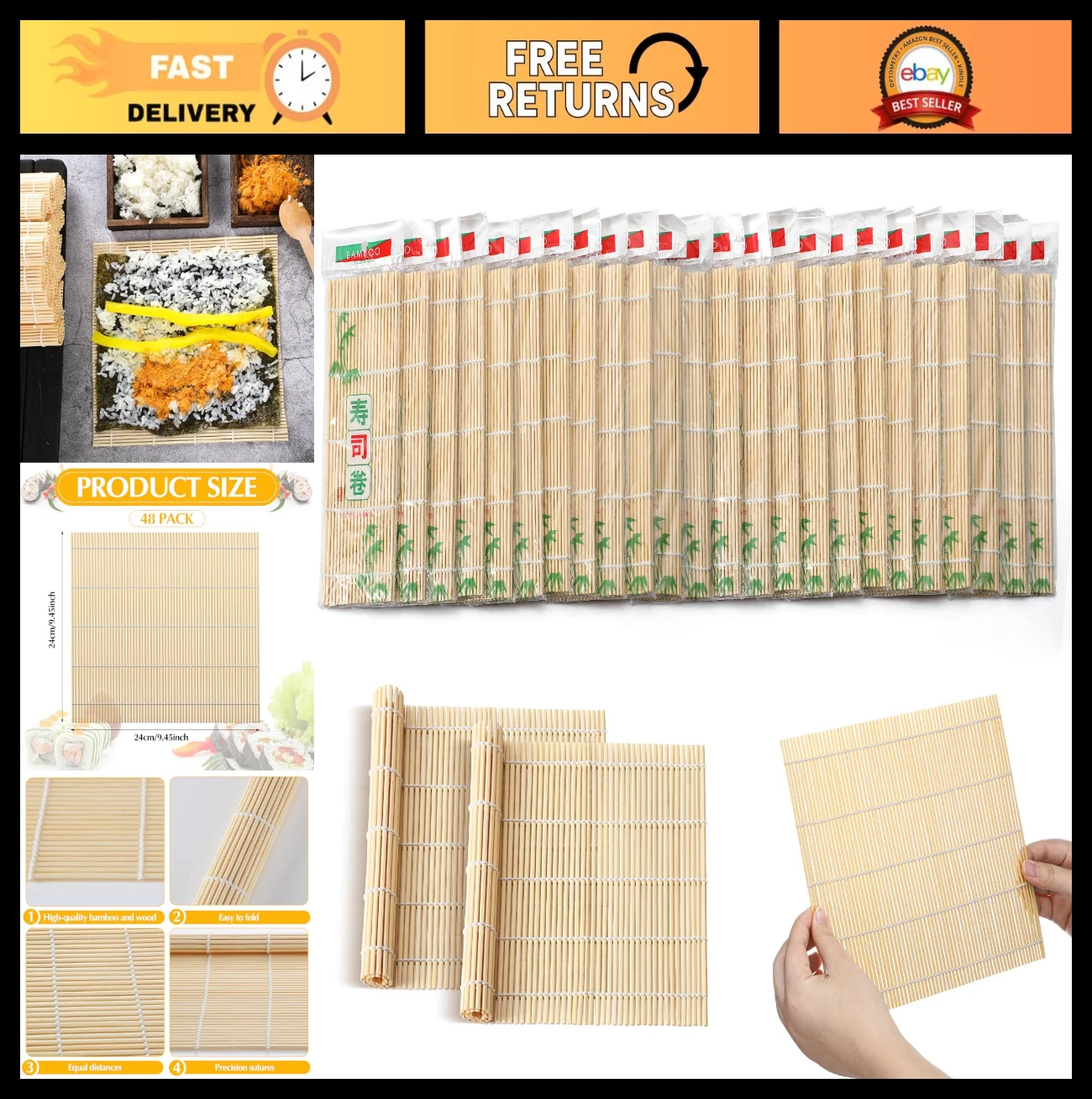 48 Pcs Bamboo Sushi Making Mats - Non-Stick Square Rollers for Home Parties, 9.5
Opens in a new wind