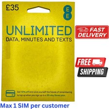 1 x EE PAY AS YOU GO SIM – £35 Pack –Data Unlimited