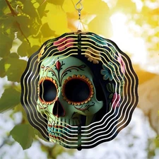 Colorful Floral Skull Metal Wind Spinner & Chime for Yard & Garden 