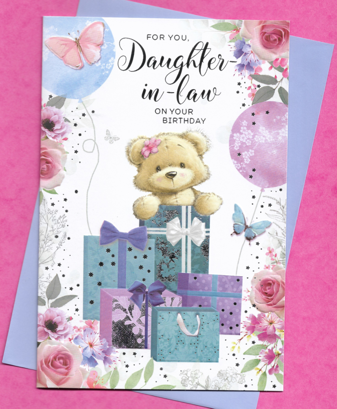 Daughter In Law Birthday Card 9""x6"" Cute Teddy Bear Balloons Butterflies Present