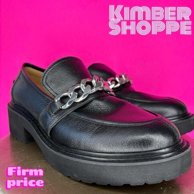 Linea Paolo Elsie Black Leather Silver Chain Lug Sole Loafer US 11M