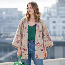 Kimono Cardigan, Haori Jacket, Beige Silk Fan Floral Print, Open Front Layer-71L