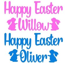 HAPPY EASTER NAME DECAL LABEL VINYL STICKER BUCKET GIFT BOX BAG TREATS EGG HUNT