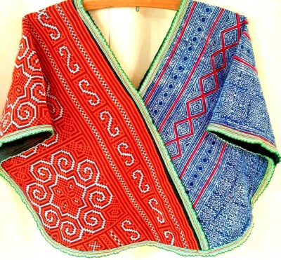 Women Handmade Hmong Shirts Blouse Tribal Hill Sewn Cloth Indigo Embroidered