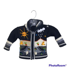 Vintage Kids Wool Blend Hand Knit Sweater Hoodie 3D Prints Animals Sun Plants