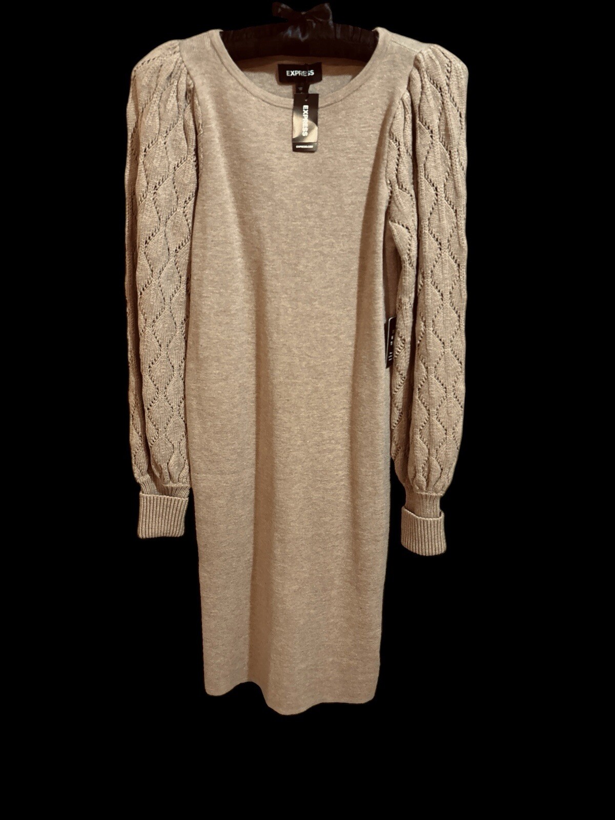 EXPRESS BODY CON CAMEL CABLE KNEET BALLOON SLEEVE SWEATER DRESS SIZE XS $98