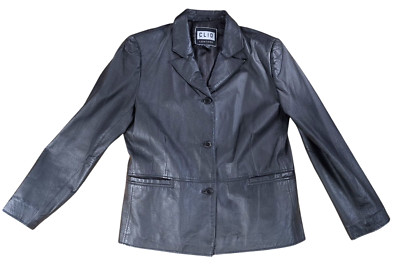 Clio 100% Leather Jacket Black Womens Size PL 3 Button Peak Collar Lined