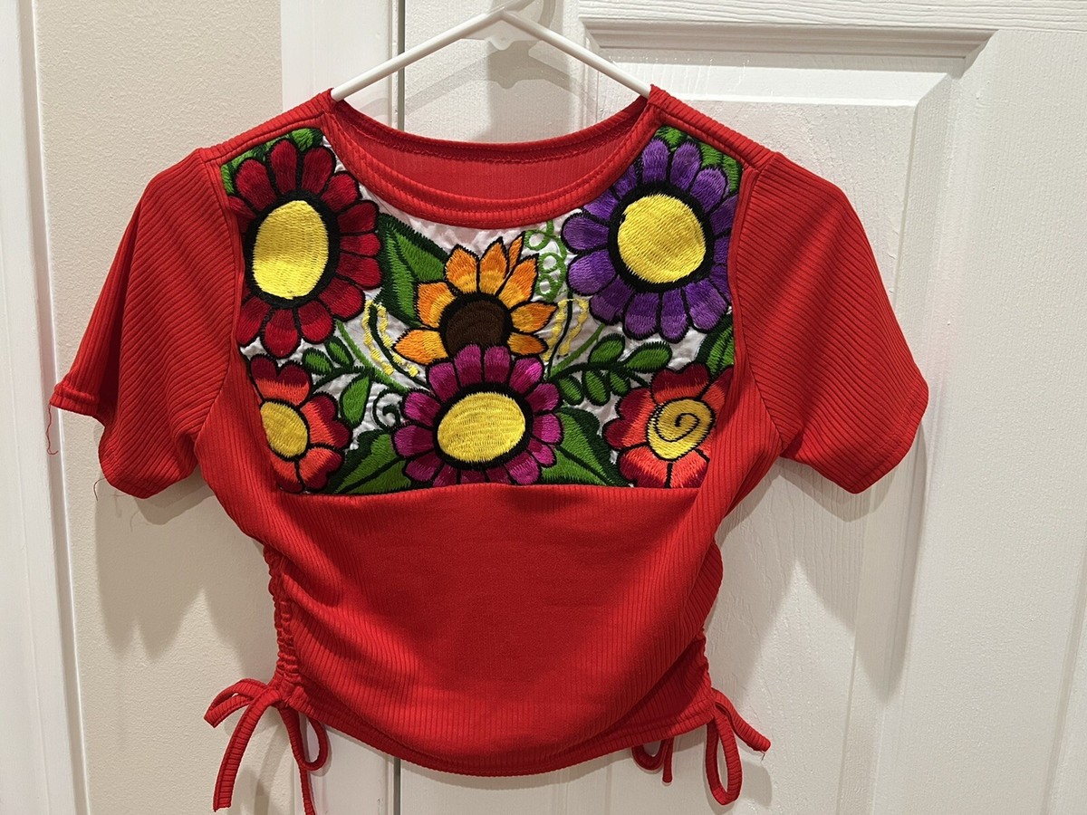Blouse Embroidered Frida Kahlo Mexican XSMALL COLORFUL FLORAL RED TIE New