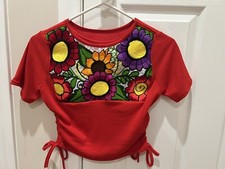Blusa Bordada Frida Kahlo Mexicana XSPEQUEÑA COLORIDA FLORAL ROJA LAZO LATERAL Nueva