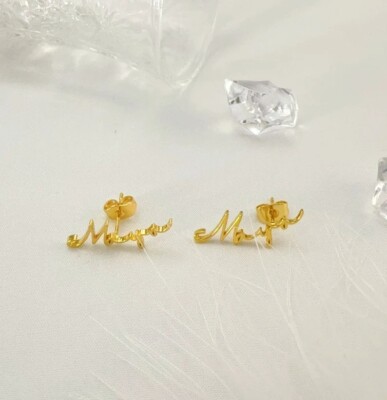 Minimalist Custom Personalize Name Letters Earrings In Solid 10K Yellow  Gold