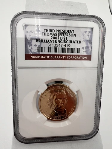 2007-D $1 Third President Thomas Jefferson Dollar Brilliant Uncirculated. NGC