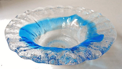 Vintage M.B. Daniels & CO Clear & Blue Round Glass Bowl, Japan, Label 6.5'' Wide