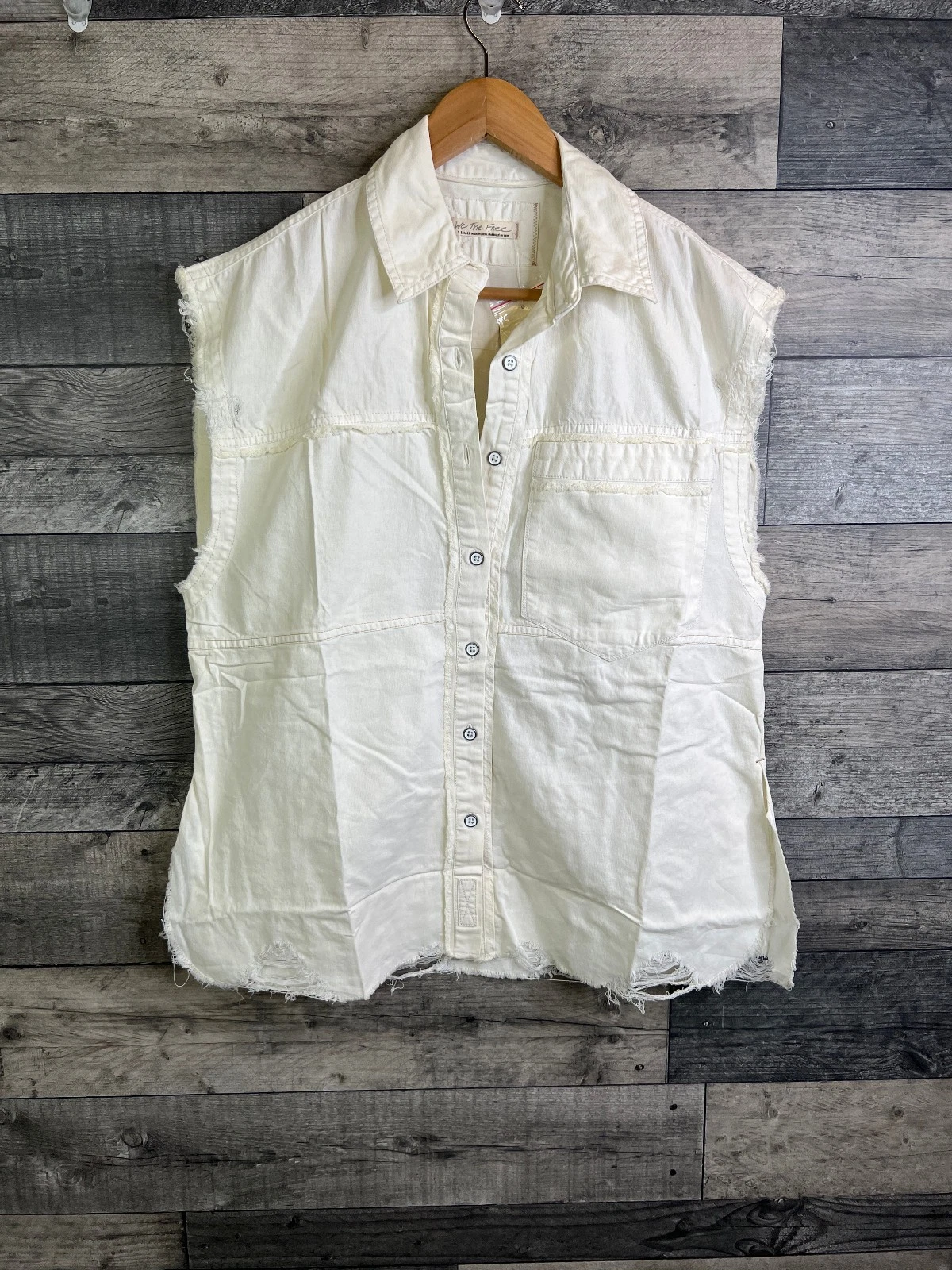 Free People Womens Denim Shirt Size XS Oversize Ivory Better Together Sleeveless