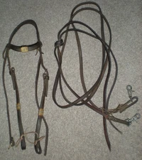 Western Hermann Oak Amish Leather Headstall Rawhide Accents + Reins Horse Tack