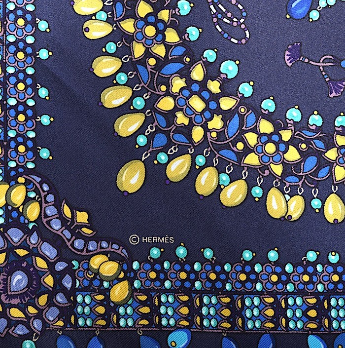 Hermes Scarf Stole Parures des Maharajas Navy Turquoise Silk Auth