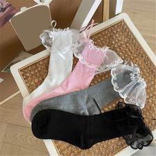 Trendy Ruffle Mesh Top Ankle Socks with Bows Accent Student Middle Tube Hosiery