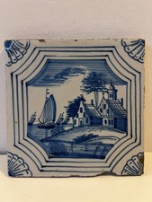 18th century ANTIQUE Dutch Delft Blue Tile Landscape House Town Boat Castle