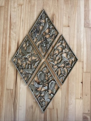Set of 4 Vintage Burwood Products 1971 Birds Wall Hanging Decor Gold Diamond MCM