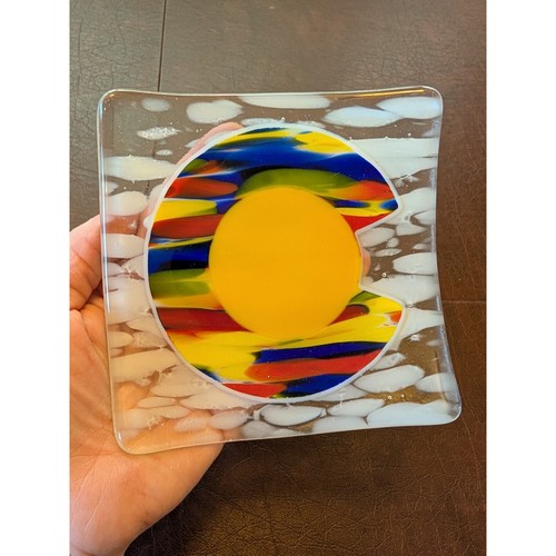 Colorado Handmade Fused Glass Dish Colorful Abstract Art Sun Mountain State