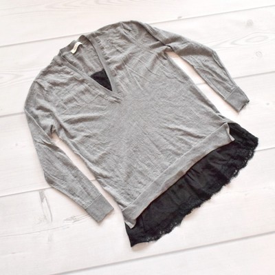 Sandro Paris M/L 38/40 Wolle Seide Damen Pullover V-Aussschnitt grau Spitze