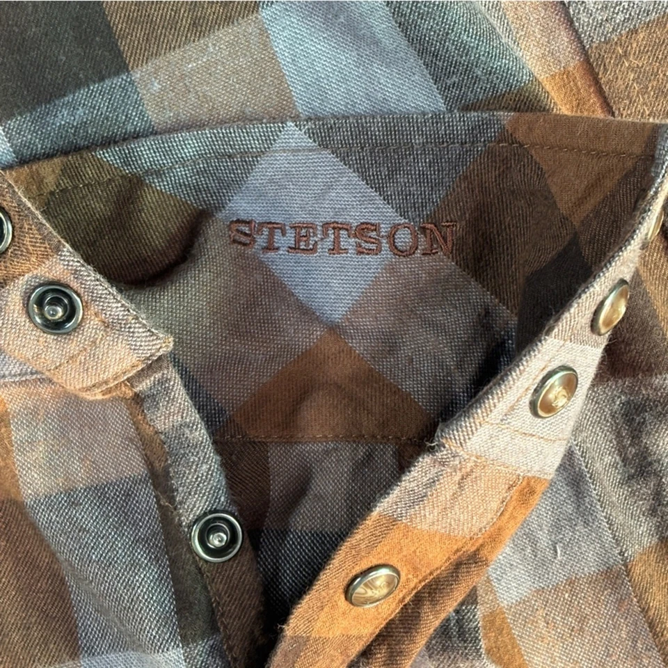 Stetson Plaid Flannel Western Shirt Brown Blue Pearl Snap Large Fall Double Flap - Image 4 of 4