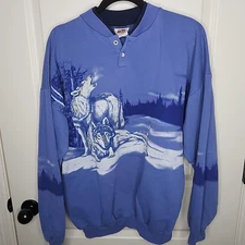 Vintage Art Unlimited Sweatshirt Mens XL Blue Wolf Graphic Henley Made USA 90s