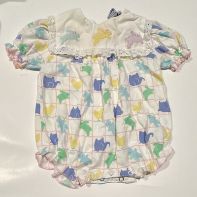 Vintage 1980s Doe Spun Color Track Baby Bubble Romper Bunny Duck Pastel 3/6M