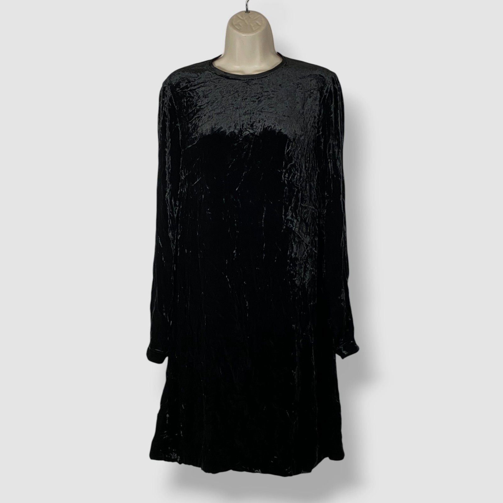 Theory Women's Black Silk Velvet Crewneck Long Sleeve Shift Dress Petite Size P