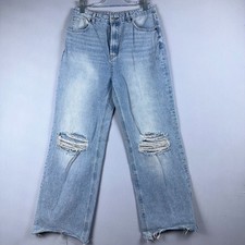 Cider Wide Leg Jeans Size Large Distressed Raw Hem High Rise Blue Ligth Wash