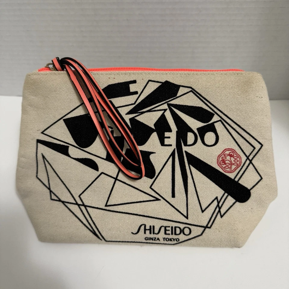 Shiseido Orange and White Canvas Cosmetic Makeup Bag Zipper Closure - Image 2 of 4