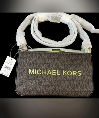 Michael Kors Small Convertible Crossbody Pochette Zip Brown/Green Gold HW