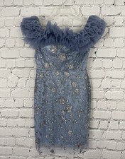 CINDERELLA DIVINE Blue Glitter Fitted Prom Gown Tulle Shoulders Size 8