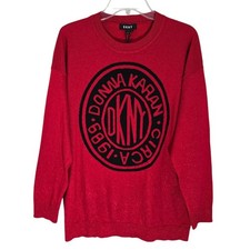 DKNY Women Red Knit Sweater Pullover Long Sleeve Logo Casual Size L
