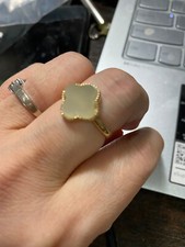 FLEXIBLE NEW*RARE*GORGEOUS HETIAN CREAM JADE稀少天然和田玉奶油色玉三叶草CLOVER GOLDS925银镀金RING