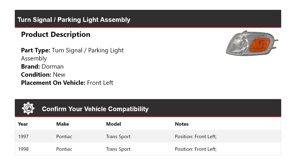 Conjunto de luz de giro/estacionamiento delantera izquierda Pontiac Trans Sport Dorman 1997-1998 Foto 2 de 4