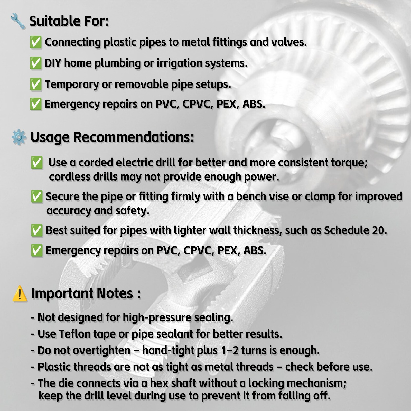 New Integrated Internal & External Pipe Threading-Tool, PVC Pipe Threader Kit