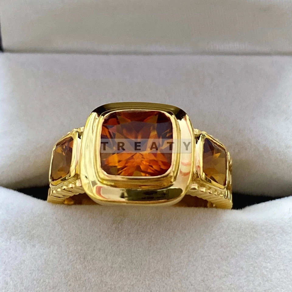 Cojín de citrino corte con anillo chapado en oro de plata de ley 925 para hombre #B791 Foto 3 de 4