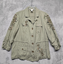 Chicos Jacket Womens Size 1 Green Embroidered Bead 3/4 Length Sleeve US Small 8