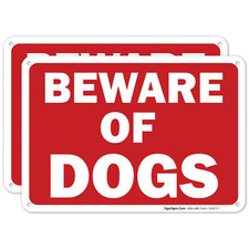 Beware of Dog Sign, Red Background, 2 Pack 7x10 Aluminum