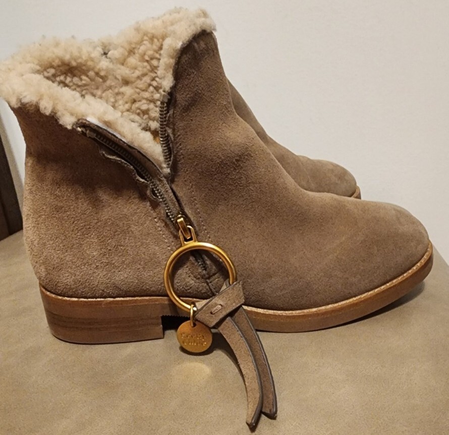 See By Chloe Louise Shearling-Lined Suede Ankle Boots Size 36 EU NEW